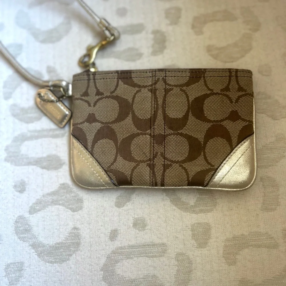 Coach Vintage Tan/Brown Signature Canvas Wristlet with Metallic Gold Trim